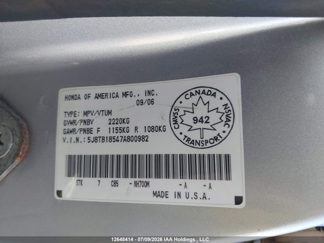 Aukcja sprzedaży 2007 Acura Rdx, vin: 5J8TB18547A800982, numer aukcji: 12648414