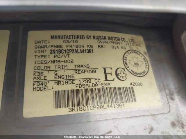 Aukcja sprzedaży 2010 Nissan Versa S/sl, vin: 3N1BC1CP2AL441361, numer aukcji: 12620394