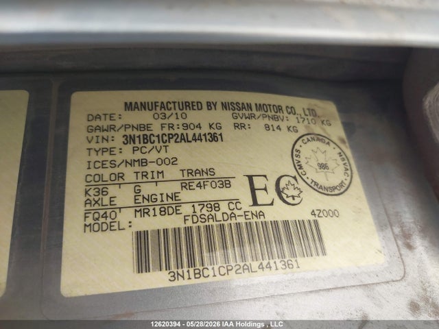 Aukcja sprzedaży 2010 Nissan Versa S/sl, vin: 3N1BC1CP2AL441361, numer aukcji: 12620394