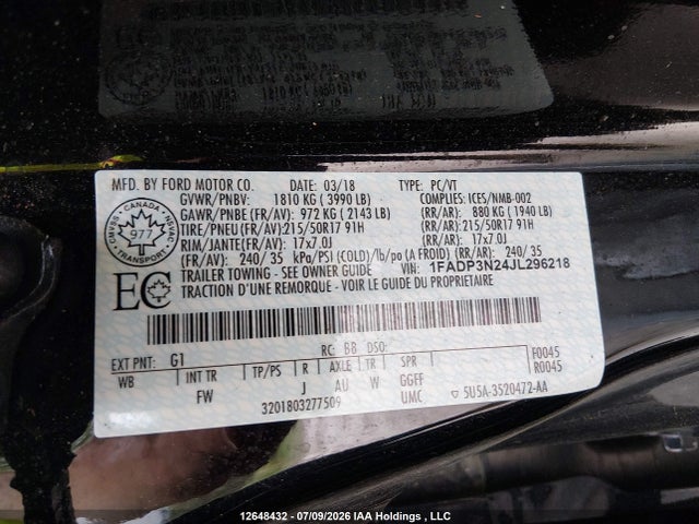 12648432 :رقم المزاد ، 1FADP3N24JL296218 vin ، 2018 Ford Focus مزاد بيع