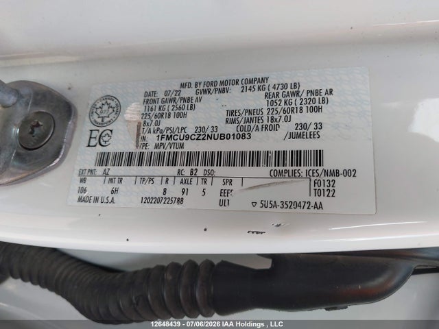 Продаж на аукціоні авто 2022 Ford Escape Sel Hybrid, vin: 1FMCU9CZ2NUB01083, номер лоту: 12648439