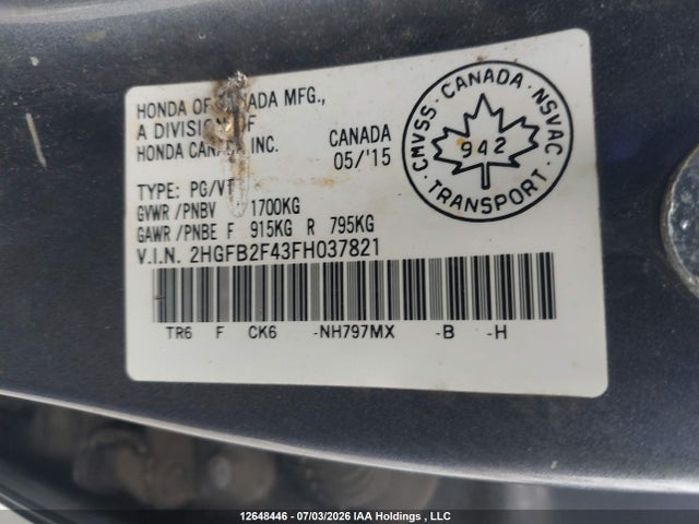 Honda Civic Lx 2015 2HGFB2F43FH037821 Image 20