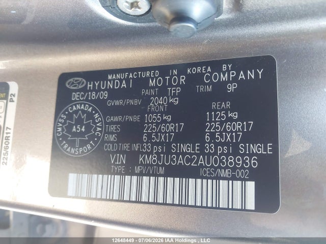 Продажа на аукционе авто 2010 Hyundai Tucson Gls, vin: KM8JU3AC2AU038936, номер лота: 12648449