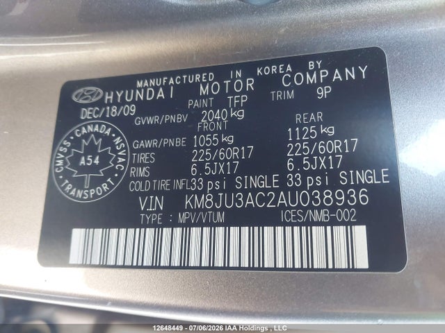 Продажа на аукционе авто 2010 Hyundai Tucson Gls, vin: KM8JU3AC2AU038936, номер лота: 12648449