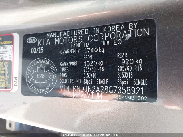 12648451 :رقم المزاد ، KNDJN2A28G7358921 vin ، 2016 Kia Soul Lx/lx+ مزاد بيع