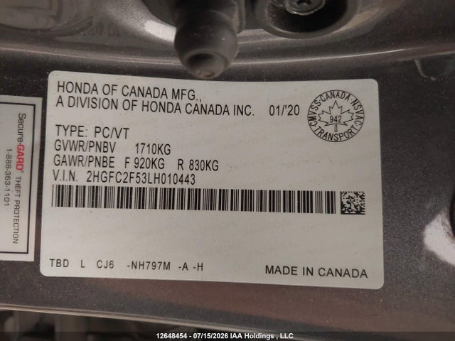 Aukcja sprzedaży 2020 Honda Civic, vin: 2HGFC2F53LH010443, numer aukcji: 12648454