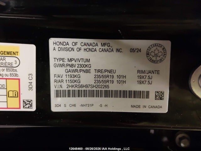 12648460 :رقم المزاد ، 2HKRS6H97SH202265 vin ، 2025 Honda Cr-v Sport Touring مزاد بيع