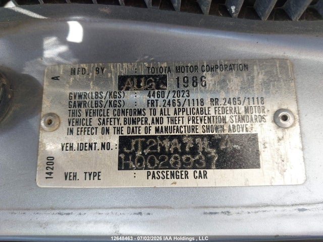 12648463 :رقم المزاد ، JT2MA71L4H0028937 vin ، 1987 Toyota Supra مزاد بيع