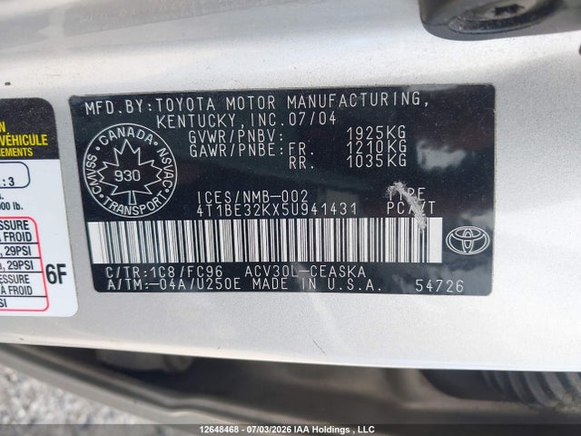 2005 Toyota Camry Le/se/std/xle მანქანა იყიდება აუქციონზე, vin: 4T1BE32KX5U941431, აუქციონის ნომერი: 12648468