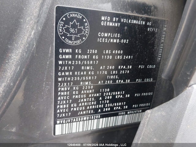 Продаж на аукціоні авто 2013 Volkswagen Tiguan, vin: WVGJV7AX5DW019295, номер лоту: 12648488