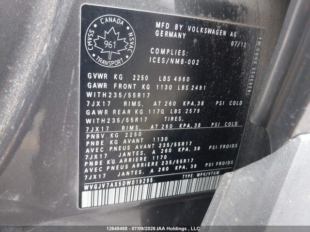 Продаж на аукціоні авто 2013 Volkswagen Tiguan, vin: WVGJV7AX5DW019295, номер лоту: 12648488