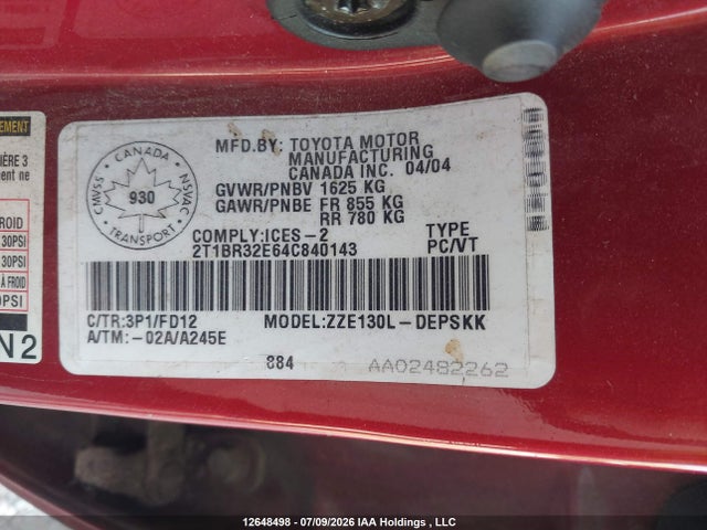 Продаж на аукціоні авто 2004 Toyota Corolla Ce/le/sport, vin: 2T1BR32E64C840143, номер лоту: 12648498
