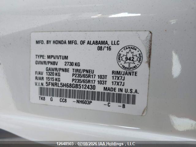 12648503 :رقم المزاد ، 5FNRL5H68GB512430 vin ، 2016 Honda Odyssey Exl مزاد بيع