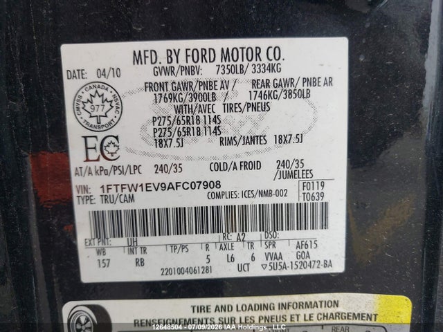 12648504 :رقم المزاد ، 1FTFW1EV9AFC07908 vin ، 2010 Ford F150 Supercrew مزاد بيع