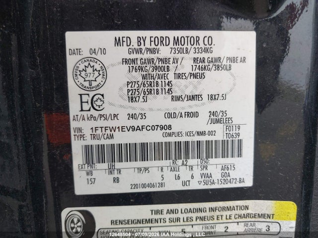 12648504 :رقم المزاد ، 1FTFW1EV9AFC07908 vin ، 2010 Ford F150 Supercrew مزاد بيع