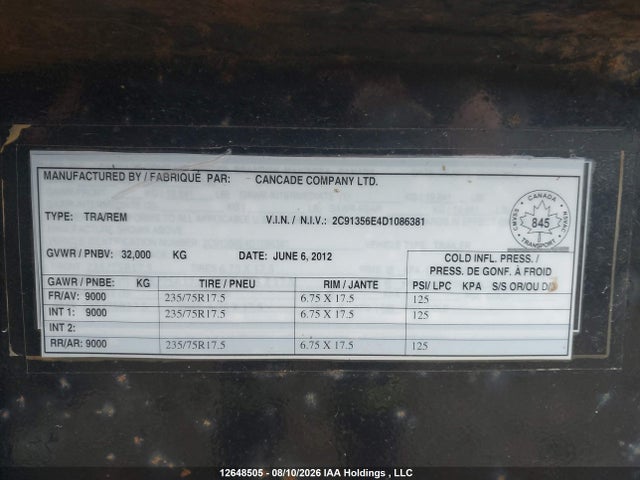 12648505 :رقم المزاد ، 2C91356E4D1086381 vin ، 2012 Trailer Trailer مزاد بيع