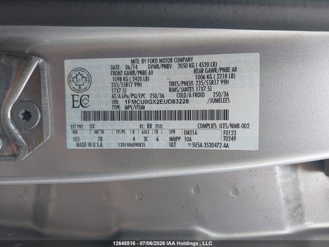 Aukcja sprzedaży 2014 Ford Escape, vin: 1FMCU0GX2EUD83228, numer aukcji: 12648516