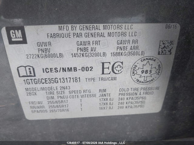 GMC CANYON SLE 2016 1GTG6CE35G1317181 Image 9