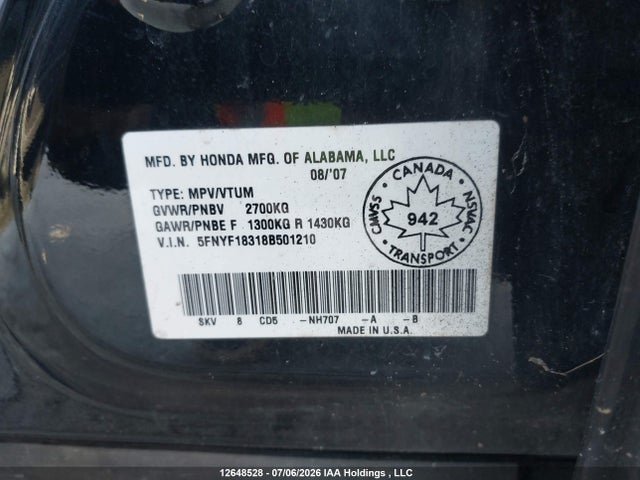12648528 :رقم المزاد ، 5FNYF18318B501210 vin ، 2008 Honda Pilot Se مزاد بيع