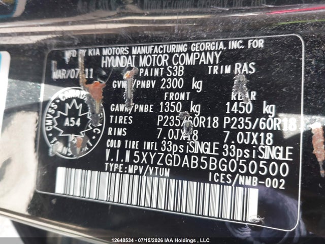 Aukcja sprzedaży 2011 Hyundai Santa Fe Gl 2.4 Premium, vin: 5XYZGDAB5BG050500, numer aukcji: 12648534
