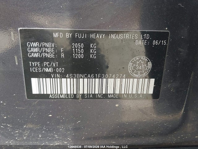 Subaru Legacy 2.5i 2015 4S3BNCA61F3074274 Image 9