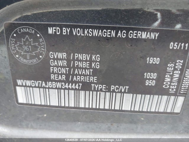 Aukcja sprzedaży 2011 Volkswagen Gti, vin: WVWGV7AJ6BW344447, numer aukcji: 12648539