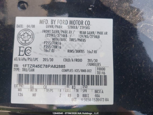 12648540 :رقم المزاد ، 1FTZR45E78PA82885 vin ، 2008 Ford Ranger Fx4/off-rd/sport/xl/xlt مزاد بيع