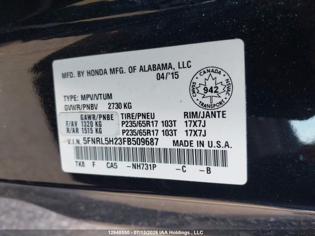 Продаж на аукціоні авто 2015 Honda Odyssey Lx, vin: 5FNRL5H23FB509687, номер лоту: 12648550
