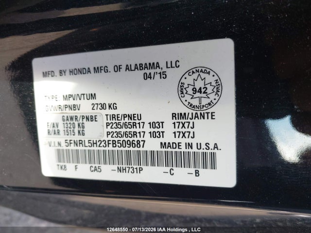 5FNRL5H23FB509687 Honda ODYSSEY LX