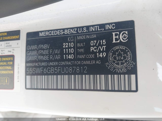 Aukcja sprzedaży 2015 Mercedes-benz C 400 4matic, vin: 55SWF6GB5FU087812, numer aukcji: 12648551