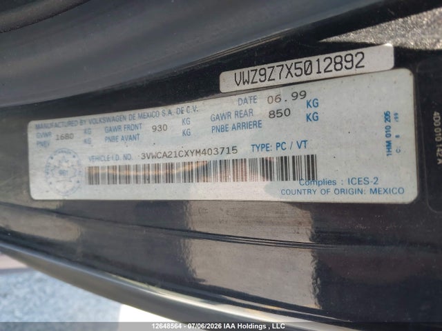 Продаж на аукціоні авто 2000 Volkswagen New Beetle Gls, vin: 3VWCA21CXYM403715, номер лоту: 12648564
