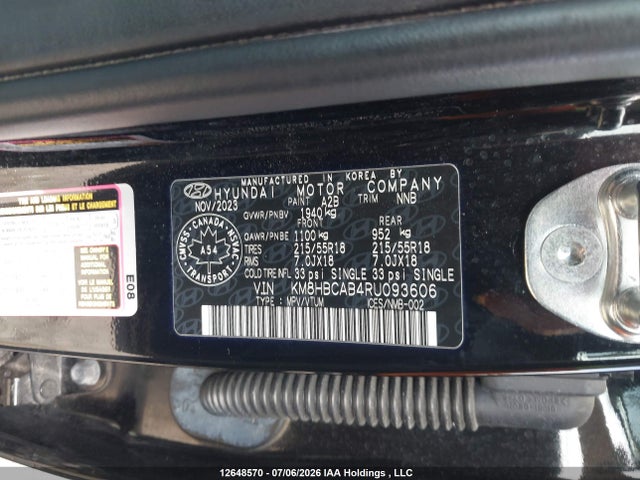 12648570 :رقم المزاد ، KM8HBCAB4RU093606 vin ، 2024 Hyundai Kona Sel مزاد بيع