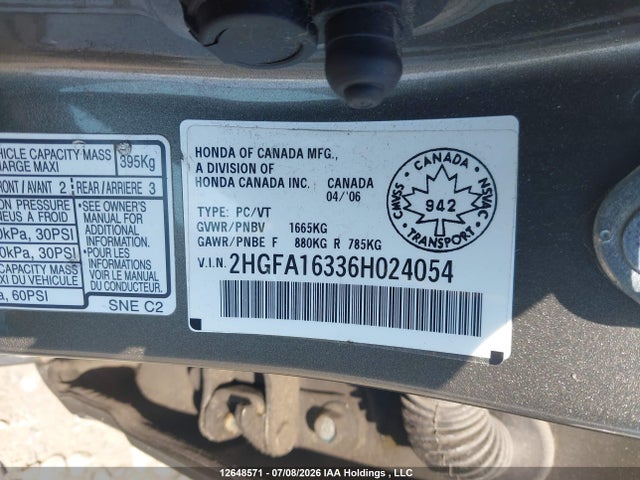 2006 Honda Civic Dx Vp მანქანა იყიდება აუქციონზე, vin: 2HGFA16336H024054, აუქციონის ნომერი: 12648571