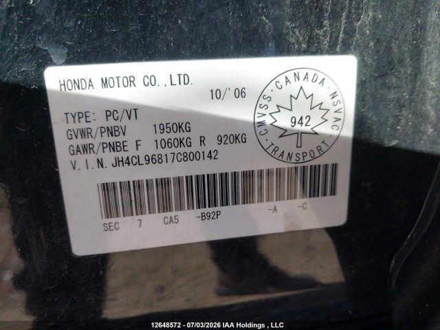 2007 Acura Tsx მანქანა იყიდება აუქციონზე, vin: JH4CL96817C800142, აუქციონის ნომერი: 12648572