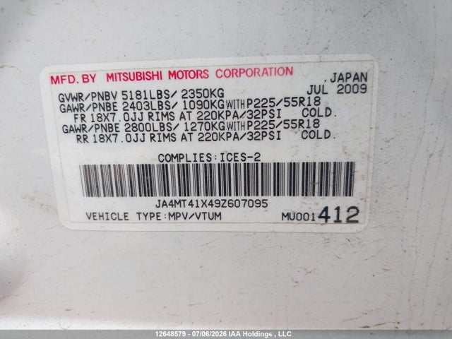 Aukcja sprzedaży 2009 Mitsubishi Outlander, vin: JA4MT41X49Z607095, numer aukcji: 12648579