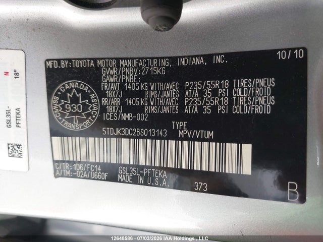12648586 :رقم المزاد ، 5TDJK3DC2BS013143 vin ، 2011 Toyota Sienna Le مزاد بيع