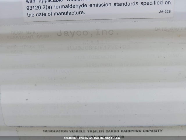 Продаж на аукціоні авто 2015 Jayco Slx 264 Bhw, vin: 1UJBJ0BN3F17V0199, номер лоту: 12648589