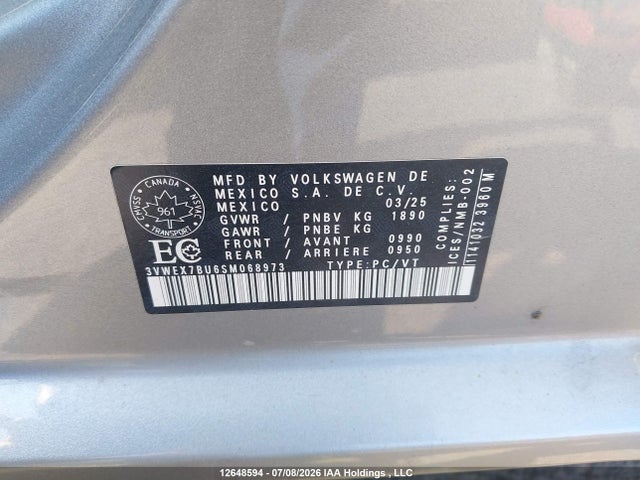 12648594 :رقم المزاد ، 3VWEX7BU6SM068973 vin ، 2025 Volkswagen Jetta Se مزاد بيع
