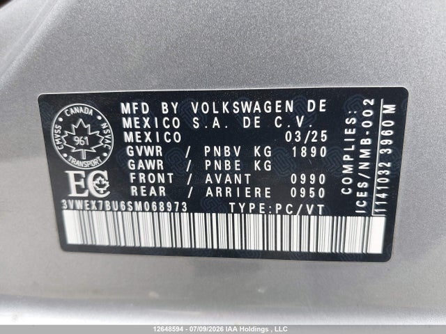 12648594 :رقم المزاد ، 3VWEX7BU6SM068973 vin ، 2025 Volkswagen Jetta Se مزاد بيع