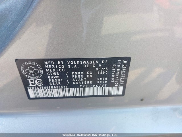 12648594 :رقم المزاد ، 3VWEX7BU6SM068973 vin ، 2025 Volkswagen Jetta Se مزاد بيع