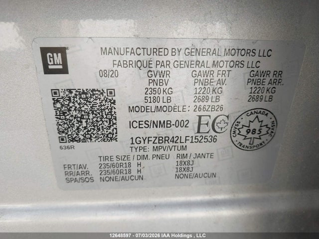 12648597 :رقم المزاد ، 1GYFZBR42LF152536 vin ، 2020 Cadillac Xt4 مزاد بيع