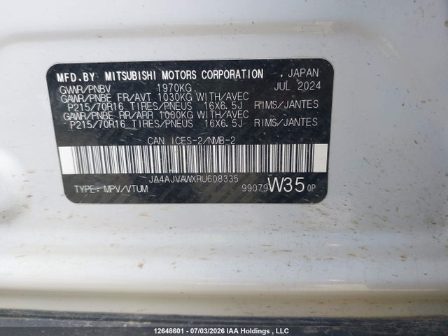Aukcja sprzedaży 2024 Mitsubishi Rvr Se/sel/noir/gt, vin: JA4AJVAWXRU608335, numer aukcji: 12648601