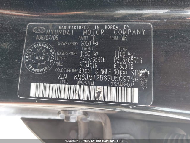 12648607 :رقم المزاد ، KM8JM12B87U509796 vin ، 2007 Hyundai Tucson مزاد بيع