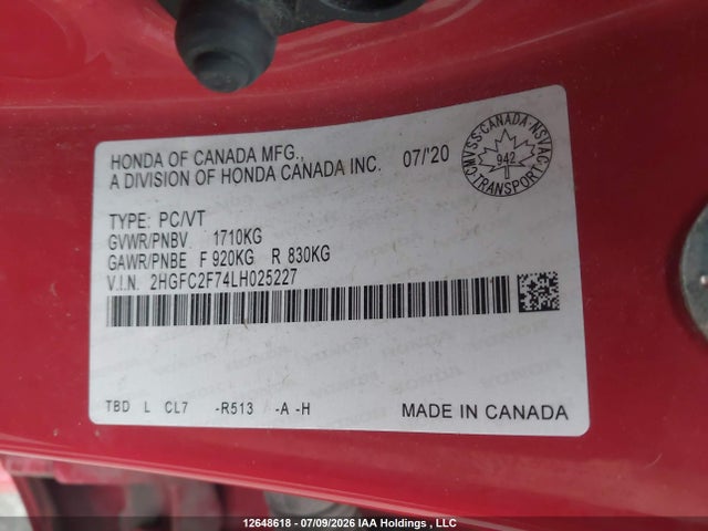 Honda CIVIC EX 2020 2HGFC2F74LH025227 Image 9