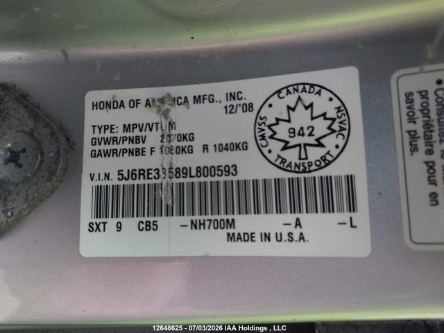 Продажа на аукционе авто 2009 Honda Cr-v, vin: 5J6RE38589L800593, номер лота: 12648625