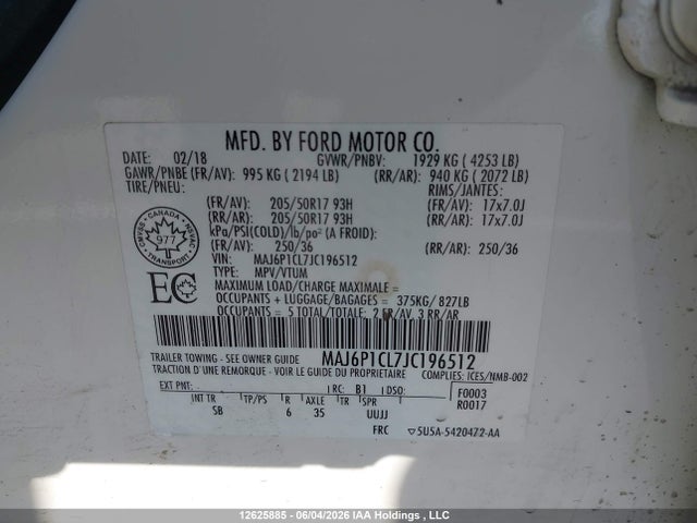 12625885 :رقم المزاد ، MAJ6P1CL7JC196512 vin ، 2018 Ford Ecosport Ses مزاد بيع