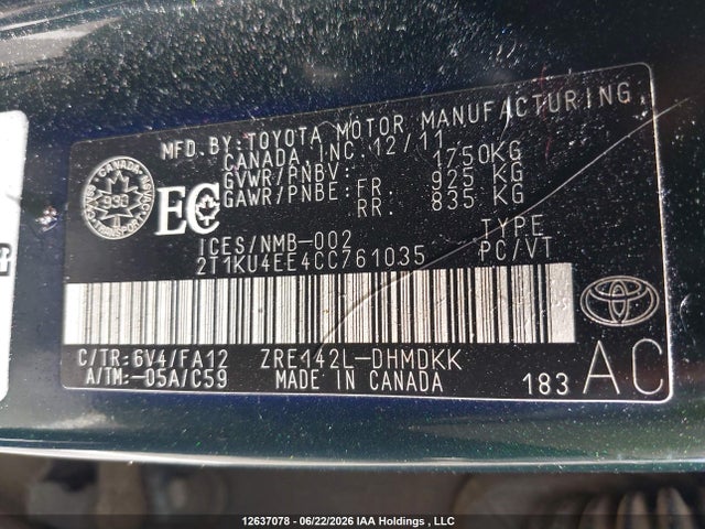 2012 Toyota Matrix Wagon მანქანა იყიდება აუქციონზე, vin: 2T1KU4EE4CC761035, აუქციონის ნომერი: 12637078