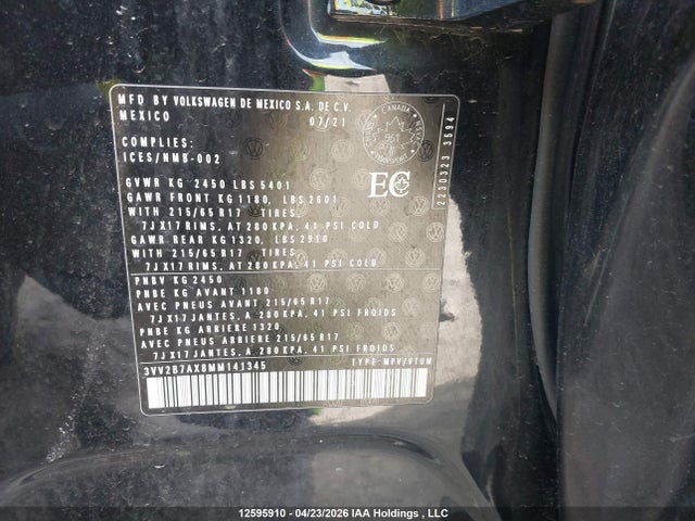 3VV2B7AX8MM141345 Volkswagen Tiguan Comfortline/united
