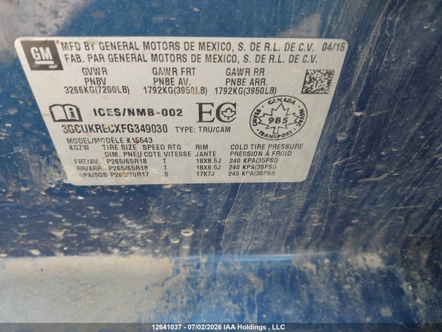 3GCUKRECXFG349030 Chevrolet Silverado 1500 Lt