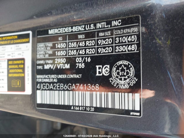 Aukcja sprzedaży 2016 Mercedes-benz Gle 350d 4matic, vin: 4JGDA2EB6GA741368, numer aukcji: 12648669